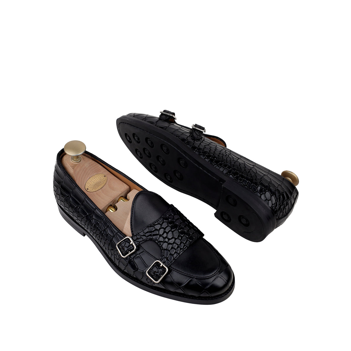 Drobak - Men’s Black Calf and Crocodile Printed Belgian Loafer