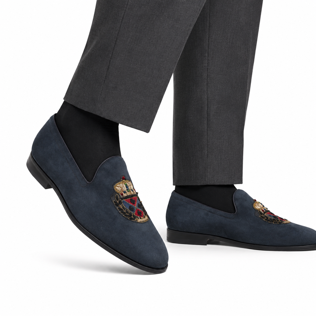 Ellis - Men's Navy Blue Suede & Embroidery Loafer
