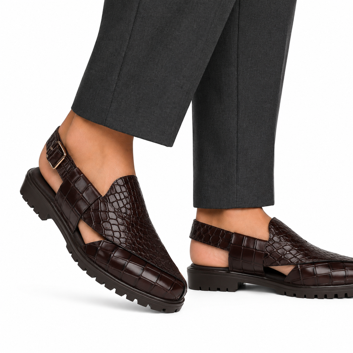 Saul - Men's Dark Brown Crocodile Printed Leather Sandal