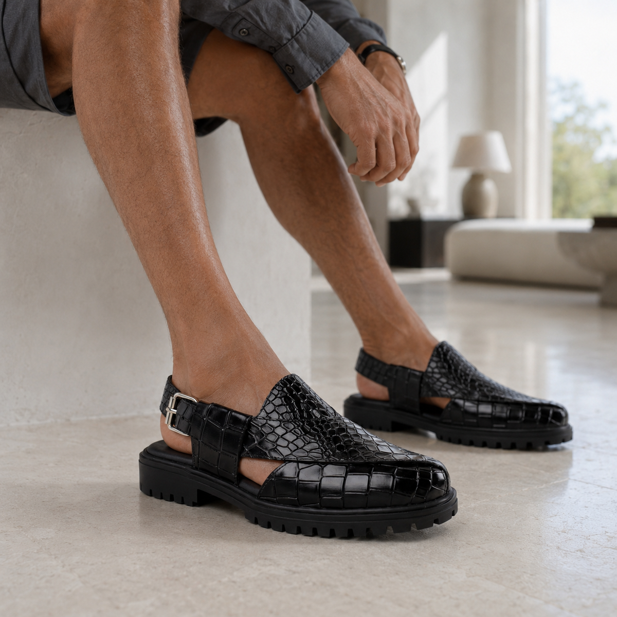 Saul - Men's Black Crocodile Printed Leather Sandal