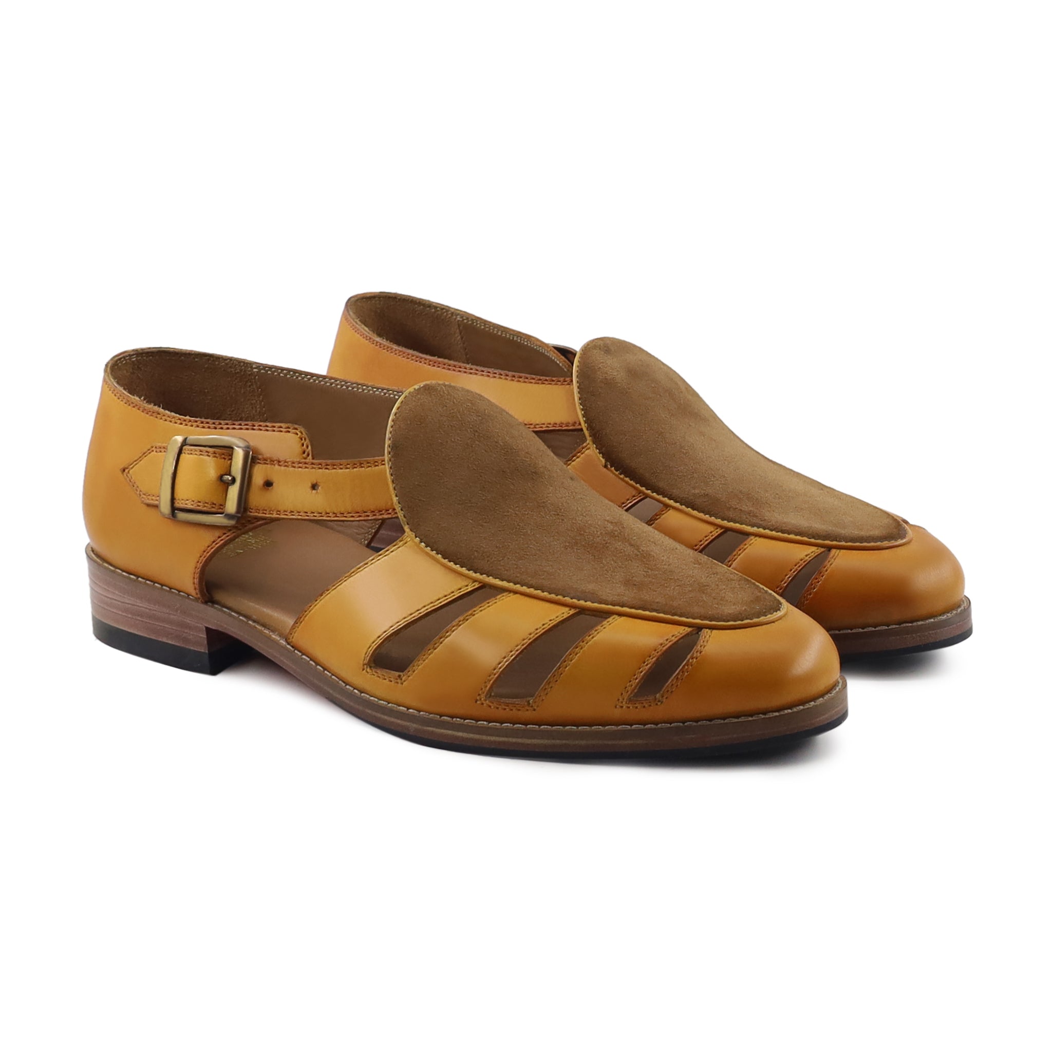 Pedri - Men's Yellow Calf Leather and Brown Kid Suede Sandal