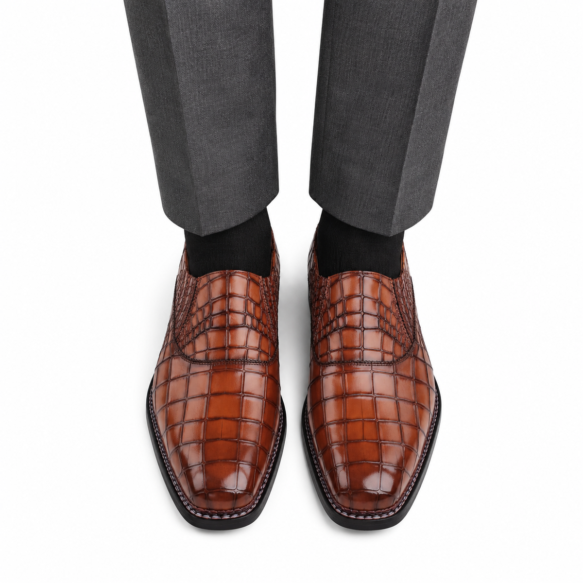 Adler - Men's Tan Crocodile Textured Goodyear Welted Leather Oxford