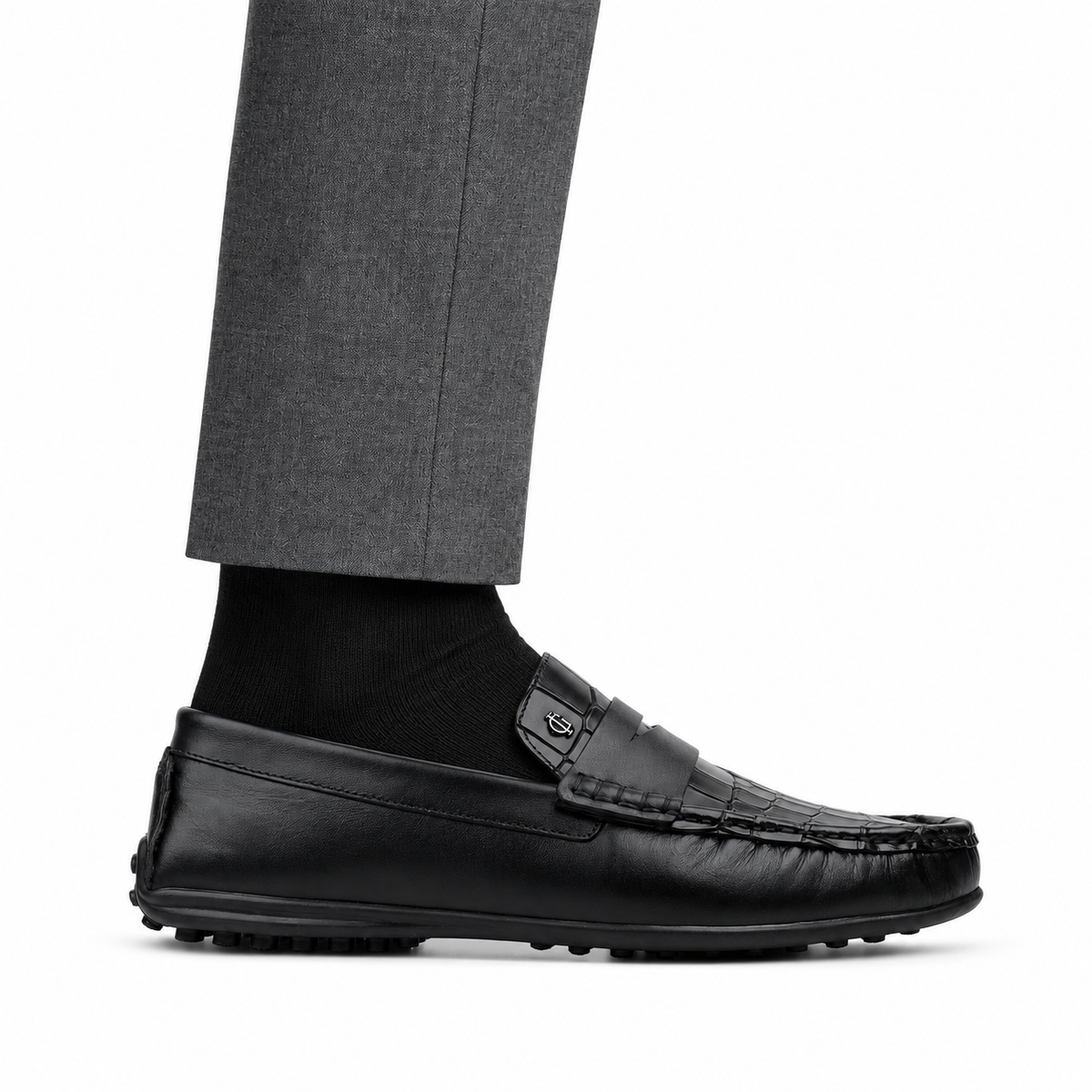 Giles - Men's Black Crocodile Textured & Calf Leather Driver