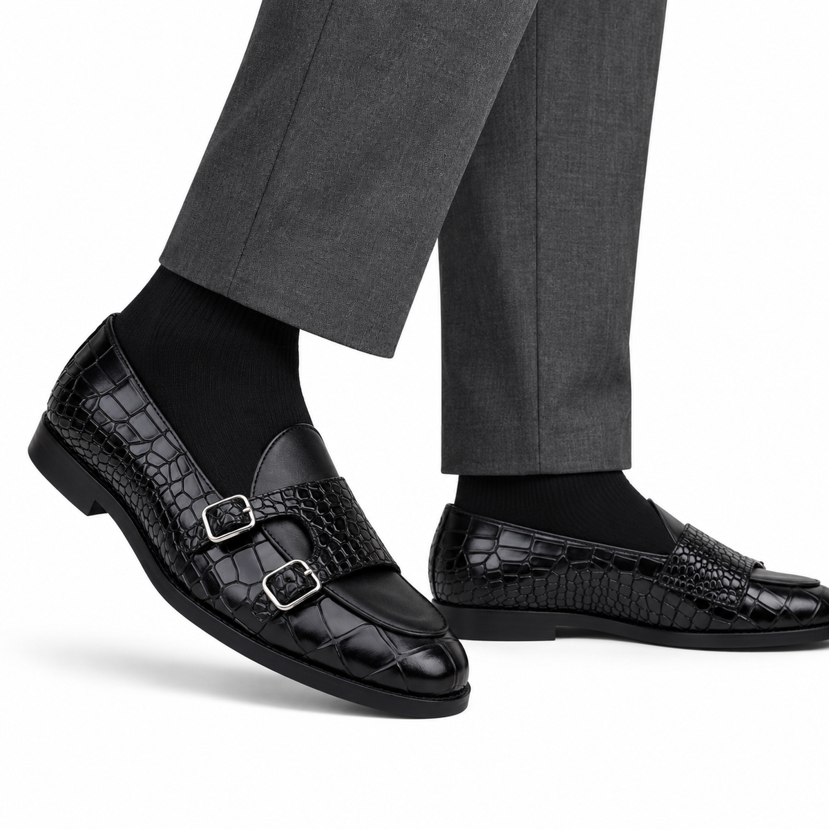 Drobak - Men’s Black Calf and Crocodile Printed Belgian Loafer
