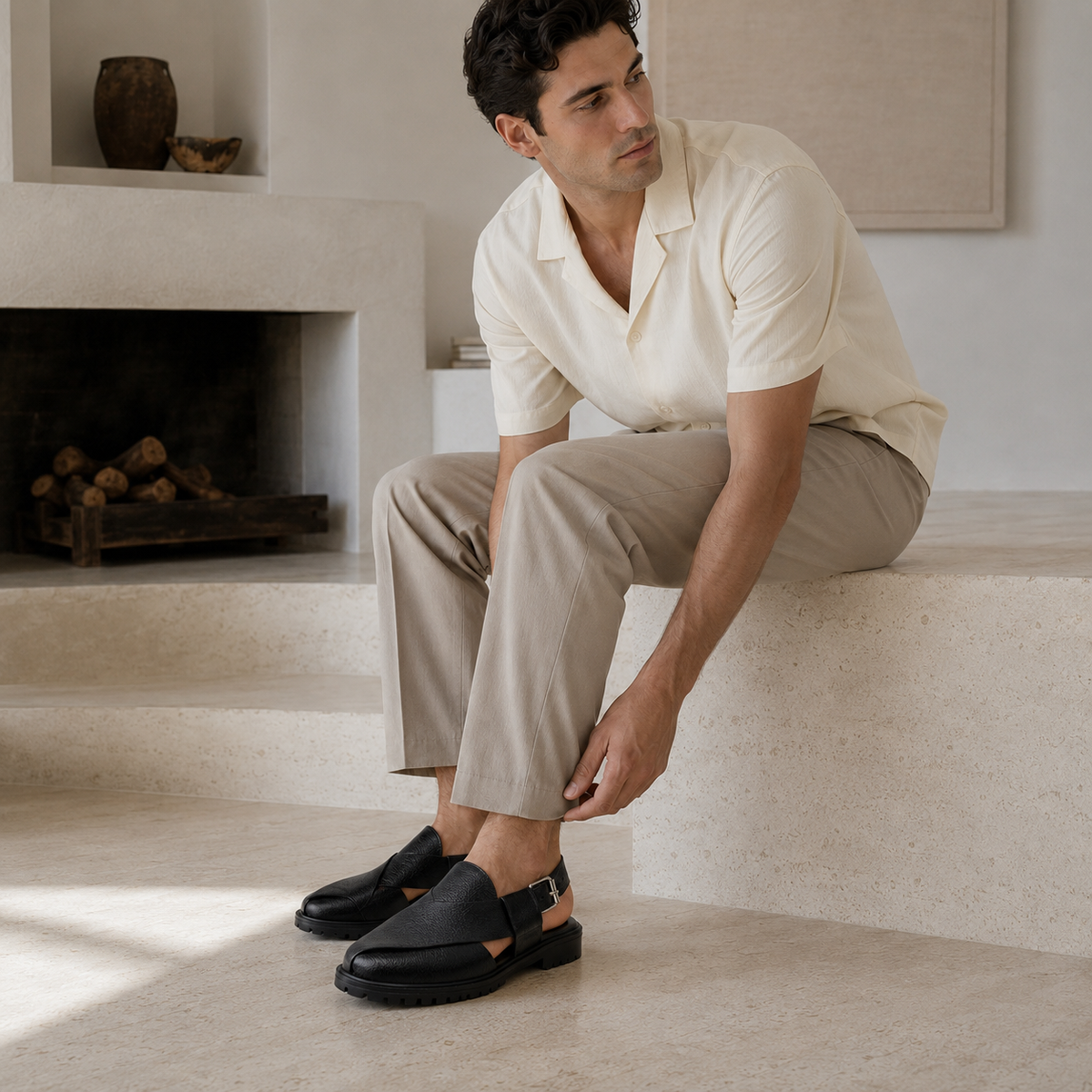 Bronx - Men's Black Pebble Grain Leather Sandal