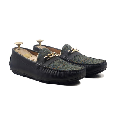Caz - Men's Black Calf Leather and Harris Tweed Driver Shoe