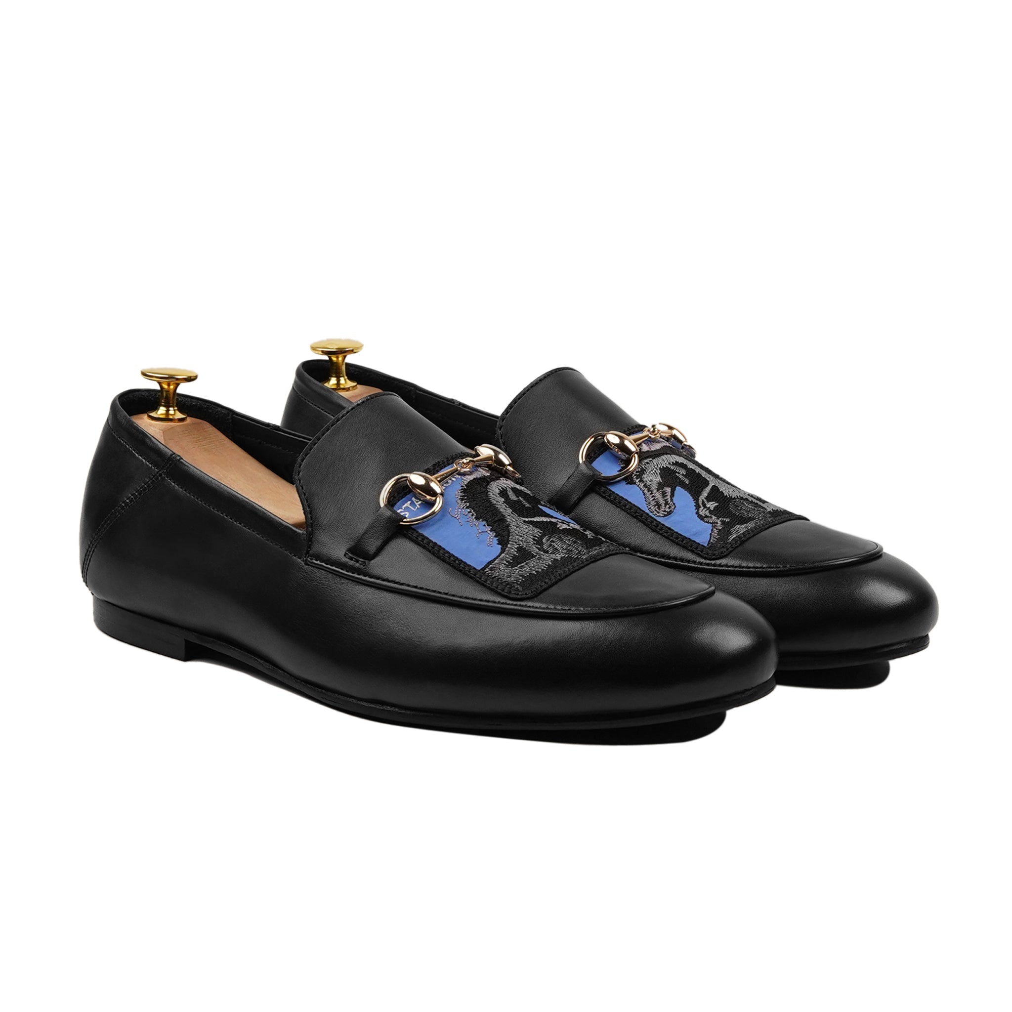 Gemala - Men's Black Calf Leather Horsebit Loafer with Embroidery