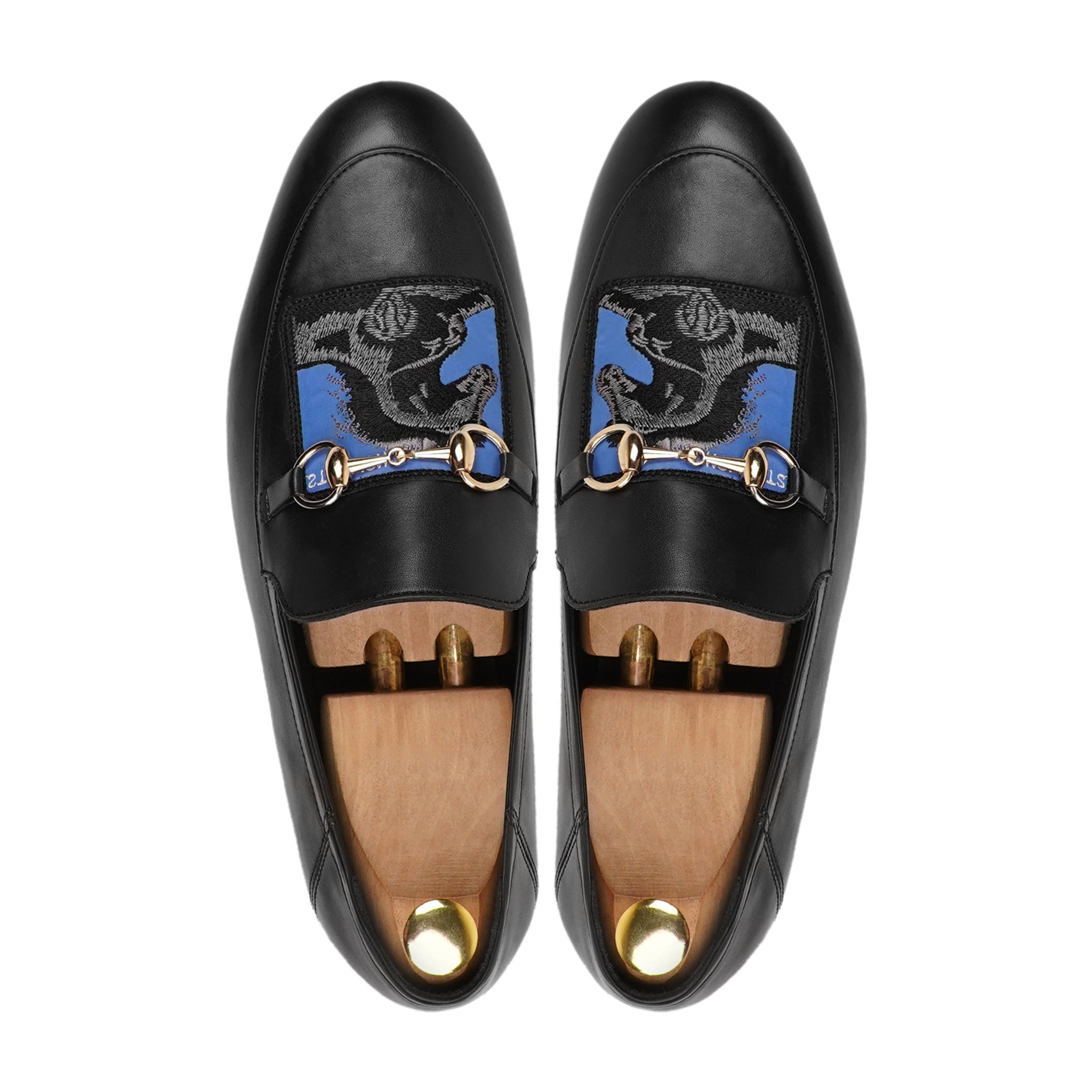 Gemala - Men's Black Calf Leather Horsebit Loafer with Embroidery