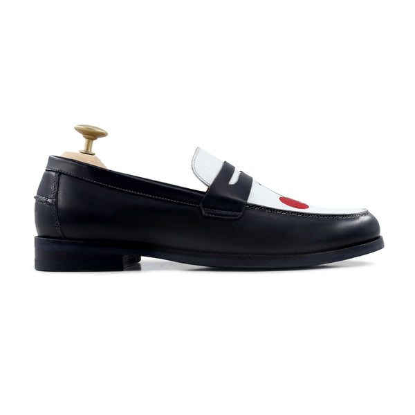 Boulia - Men's Black and White Calf Leather Loafer (Cherry Embroidery)