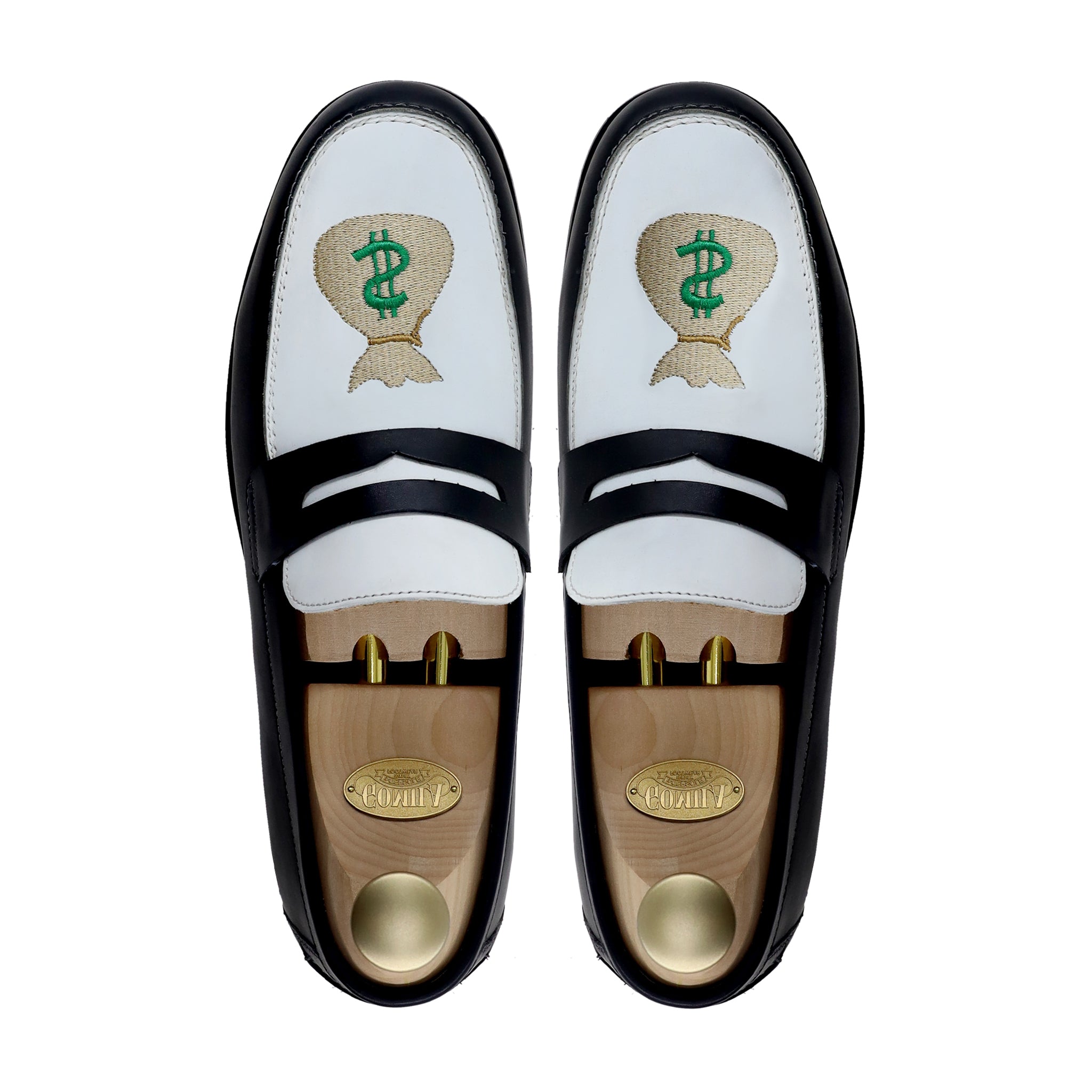 Boulia - Men's Black and White Calf Leather Loafer (Money Bag Embroidery)