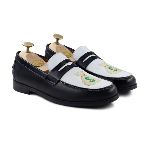 Boulia - Men's Black and White Calf Leather Loafer (Money Bag Embroidery)