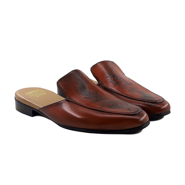 Werth - Men's  Brown Calf Leather Slipper (Flower Edition)