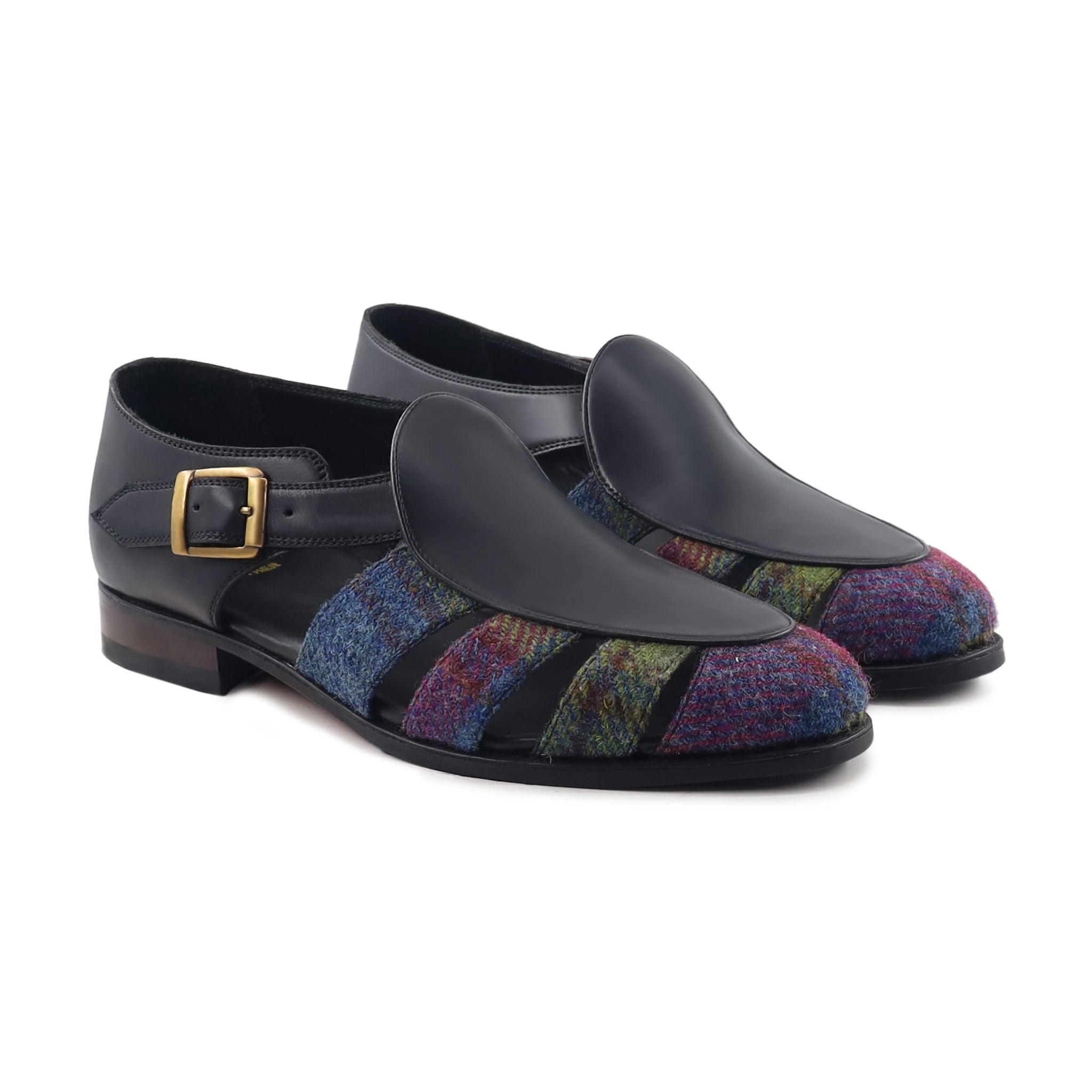 Emerson - Men's Black Calf Leather and Harris Tweed Sandal