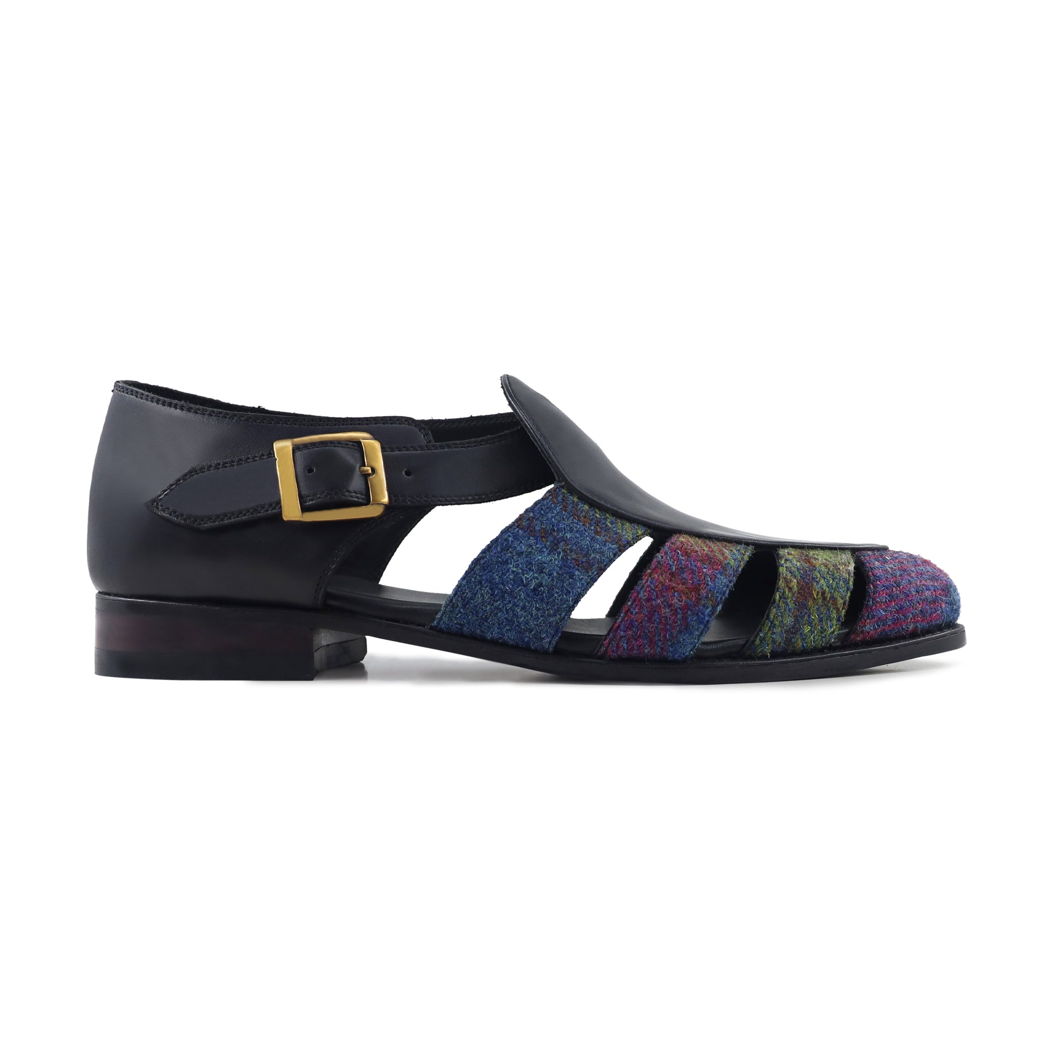 Emerson - Men's Black Calf Leather and Harris Tweed Sandal