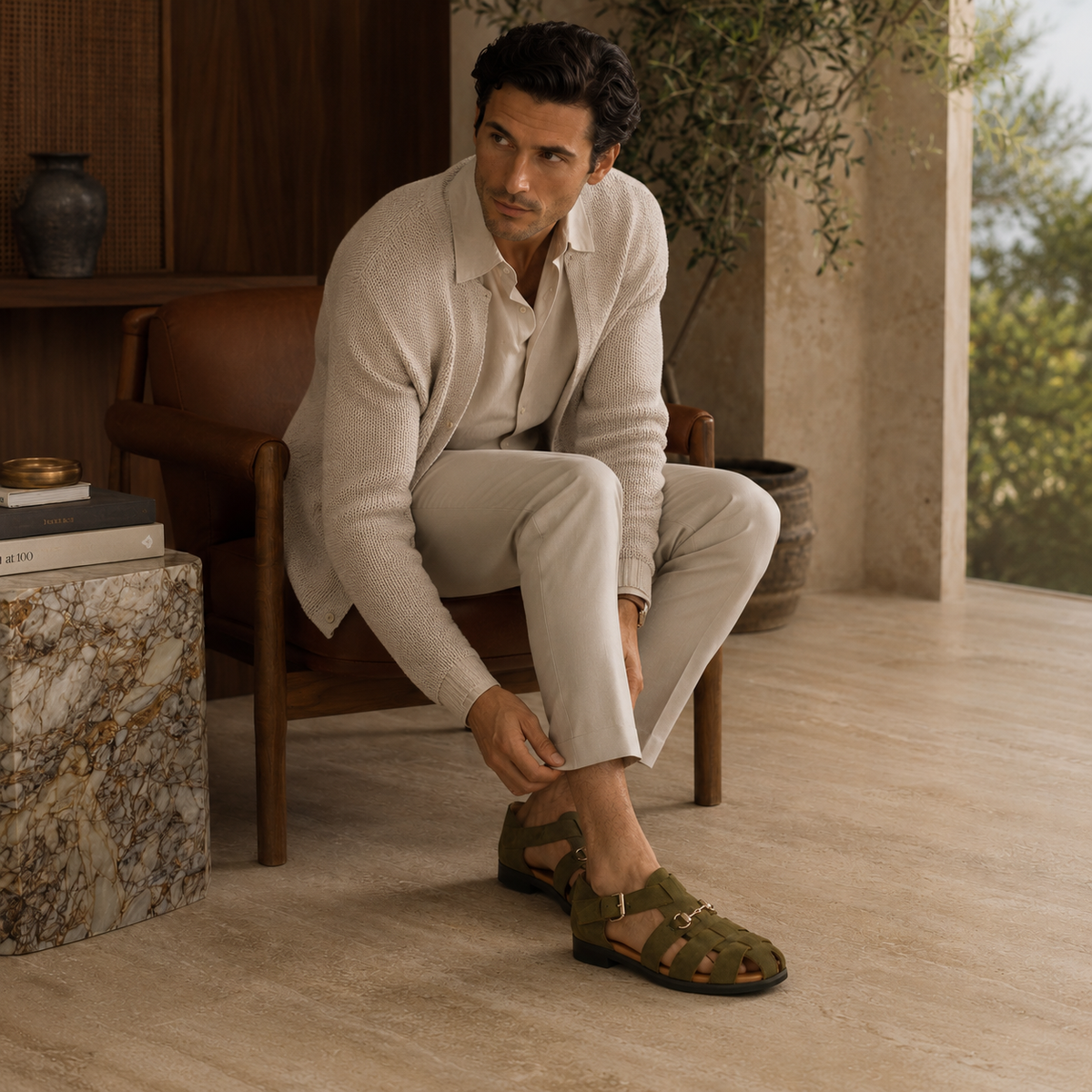 Gaspar - Men's Olive Green Suede Sandal