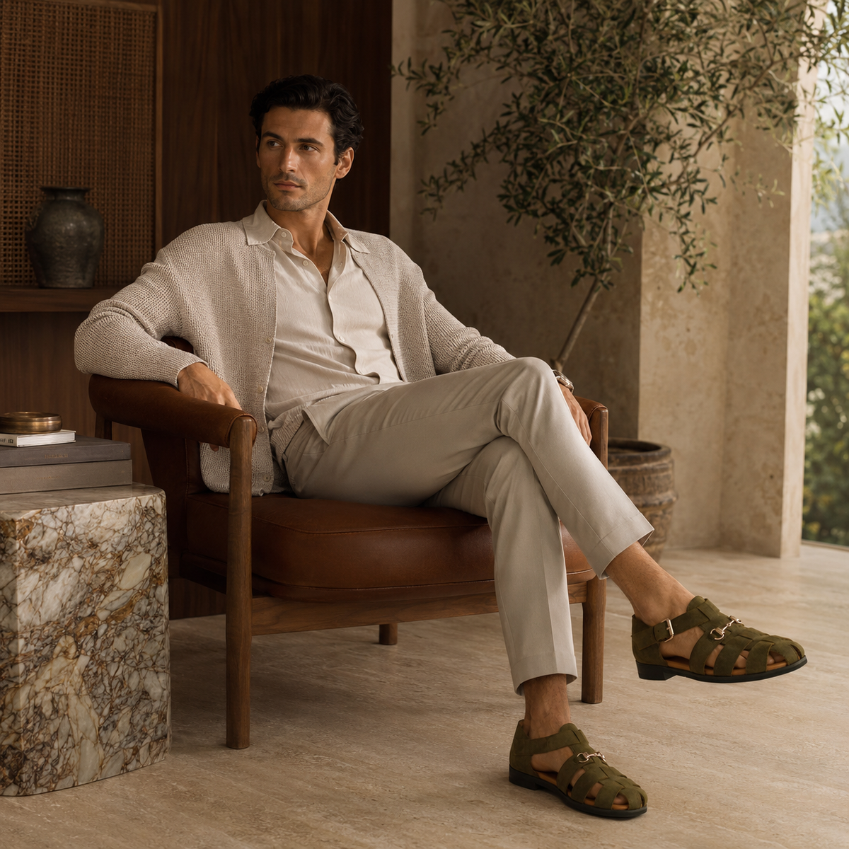 Gaspar - Men's Olive Green Suede Sandal
