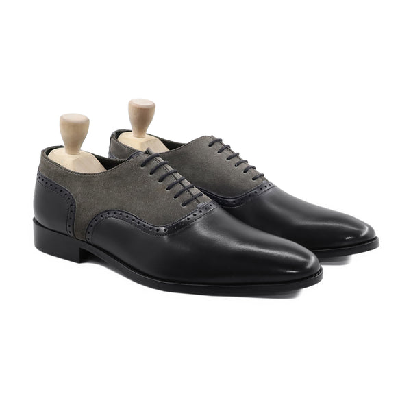 Attie - Men's Black Calf Leather and Grey Kid Suede Oxford Shoe