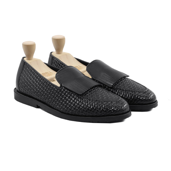 Arvid - Men's Black Calf Leather and Hand Woven Calf Leather Loafer