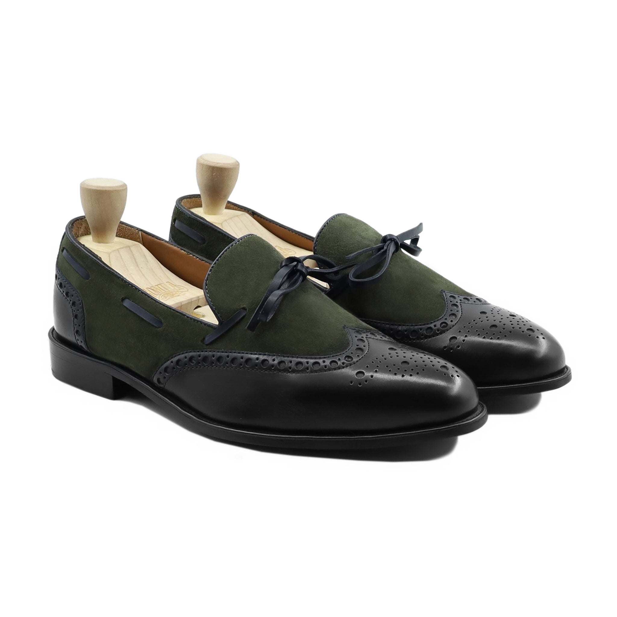 Dubnion - Men's Black Calf Leather and Olive Green Kid Suede Loafer