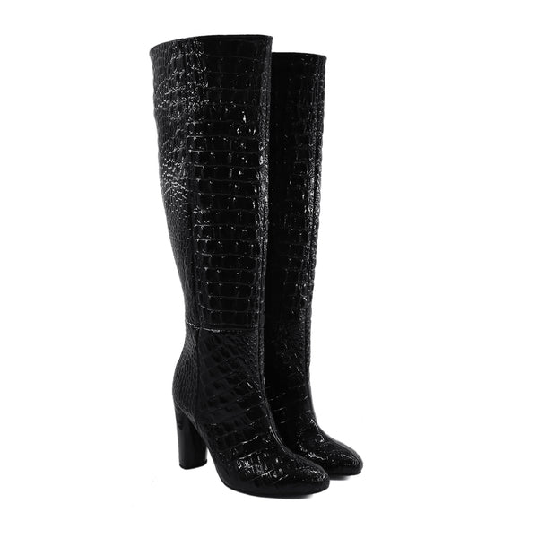 Elsie - Ladies Black Patent Leather Long Boot