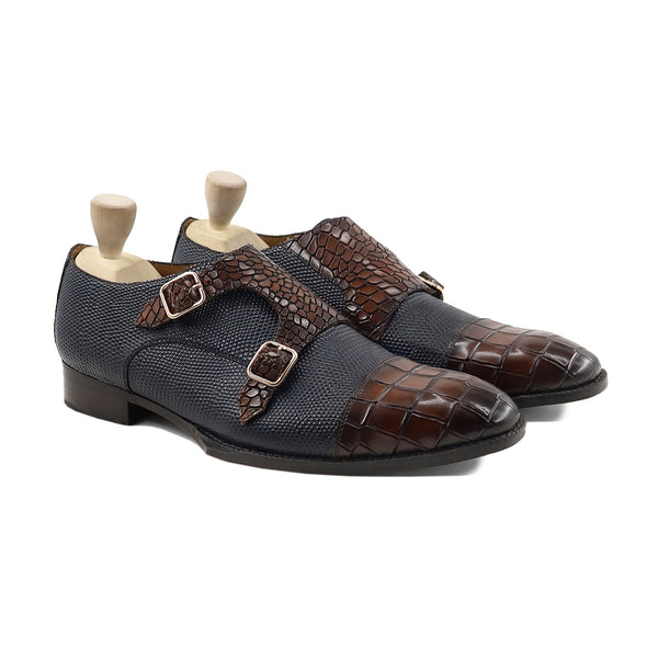 Shiloh - Men's Black Pebble Grain and Brown Patina Calf Leather Double Monkstrap