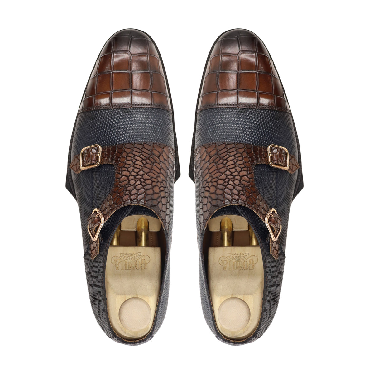 Shiloh - Men's Black Pebble Grain and Brown Patina Calf Leather Double Monkstrap