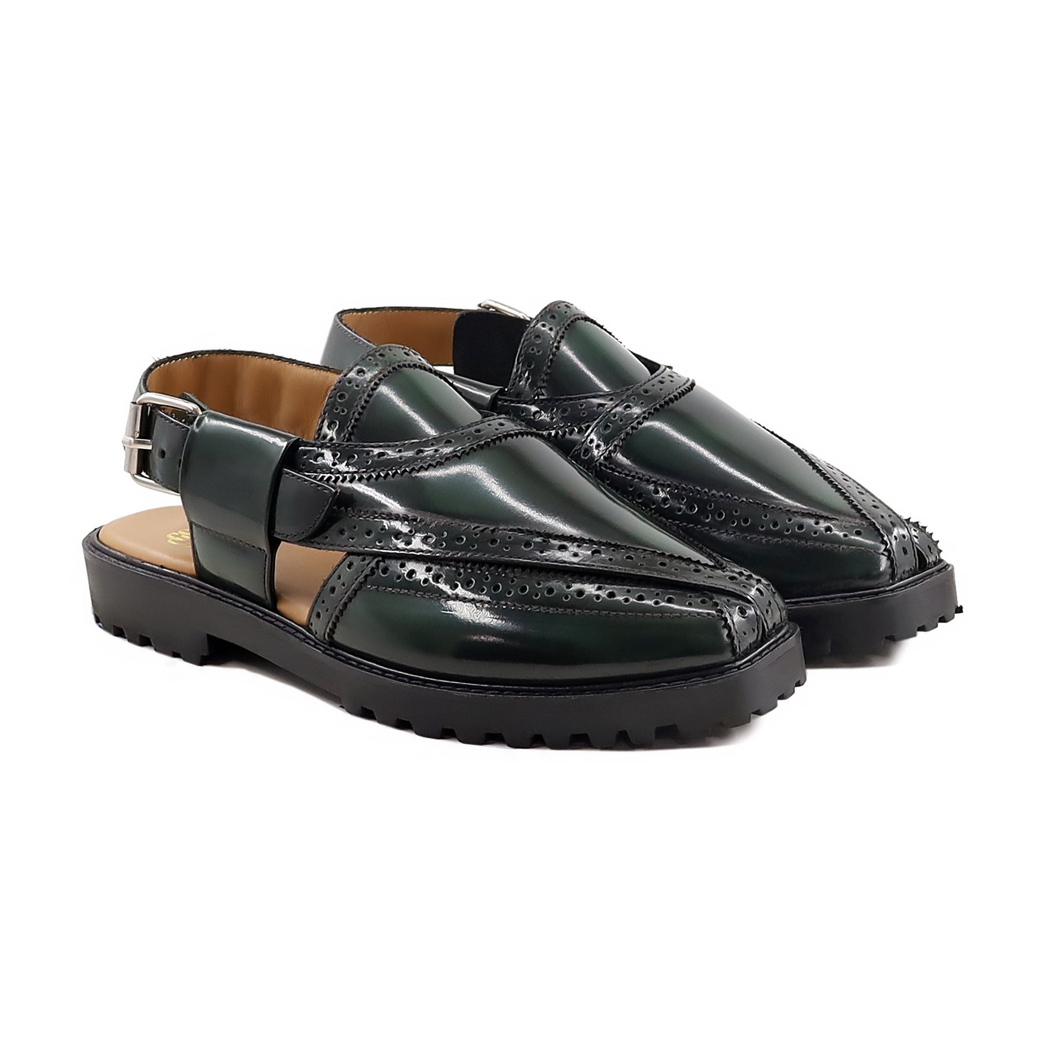 Roro - Men's Burnished Green Box Leather High Shine Sandal