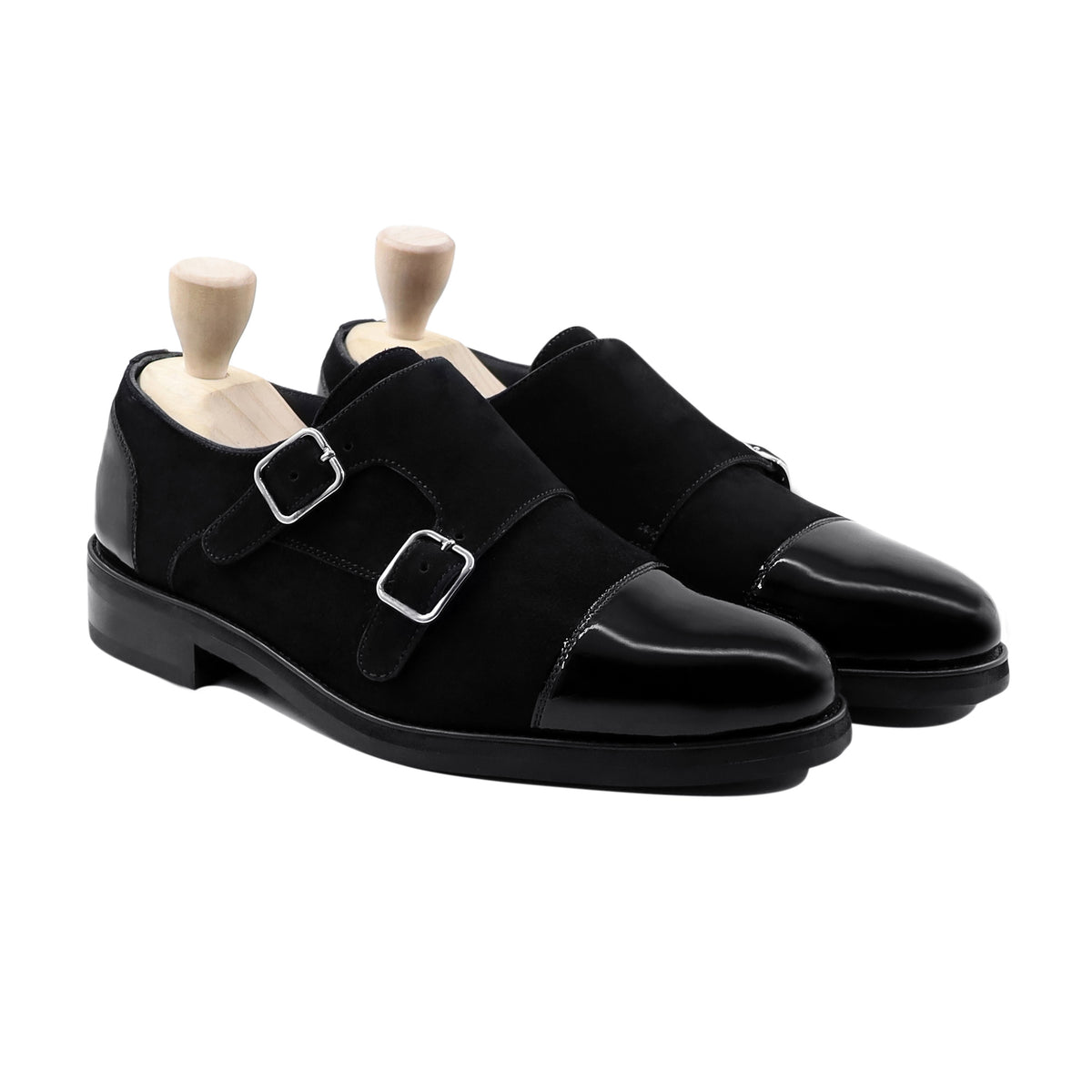 Carden - Men's Black Patent Leather and Kid Suede Double Monkstrap