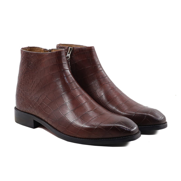 Priscyl - Men's Reddish Brown Printed Crocodile Calf Leather Jodhpur Boot