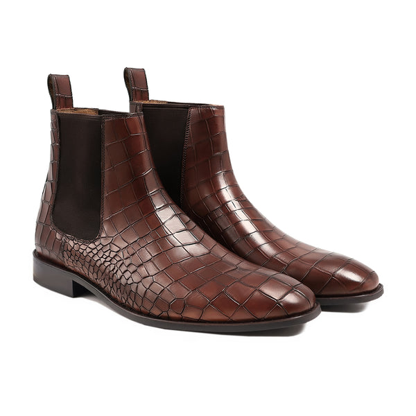 Bardan - Men's Brown Crocodile Printed Calf Leather Chelsea Boot