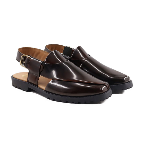 Hawes - Men's Dark Brown Box Leather High Shine Sandal