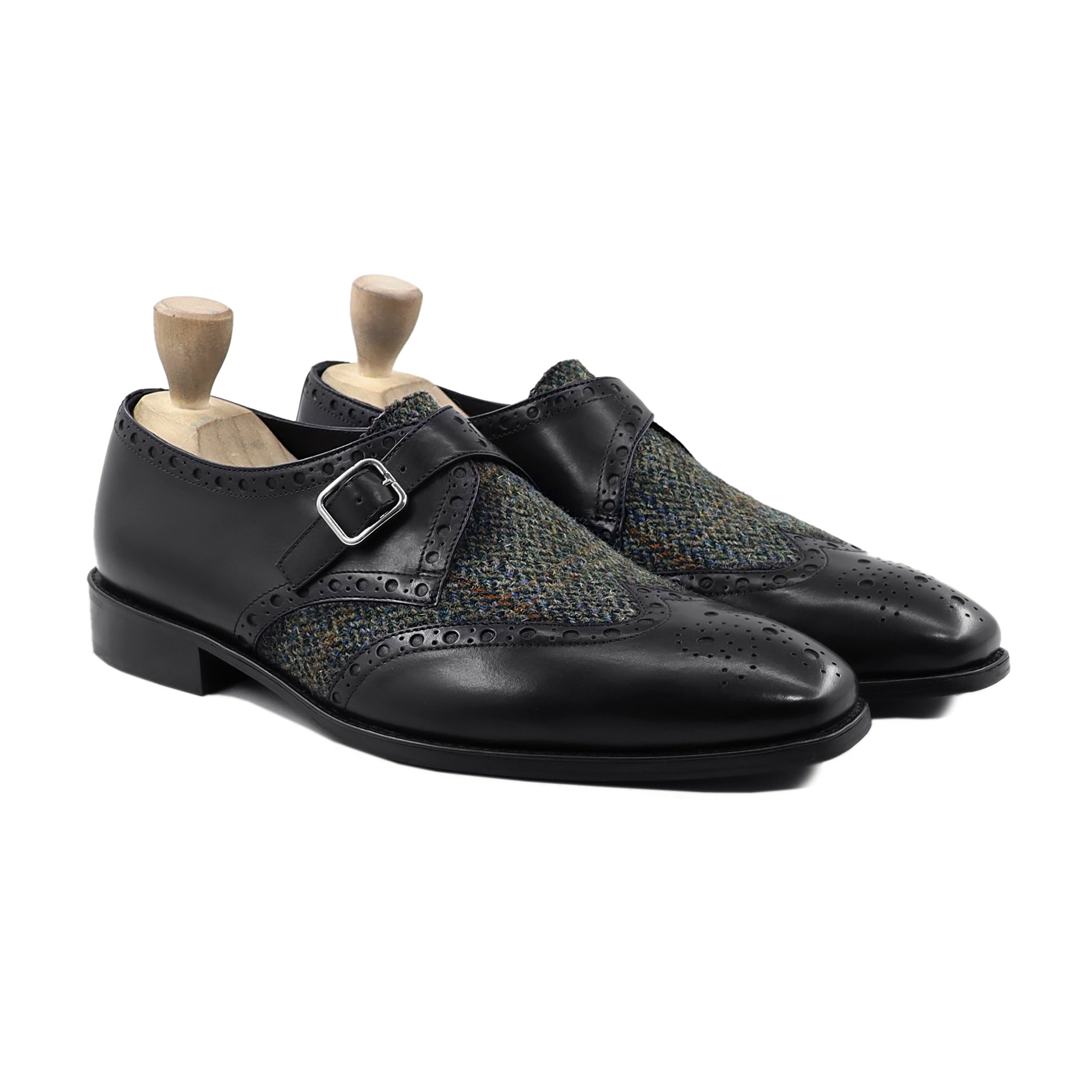 Donae - Men's Black Calf Leather and Harris Tweed Single Monkstrap