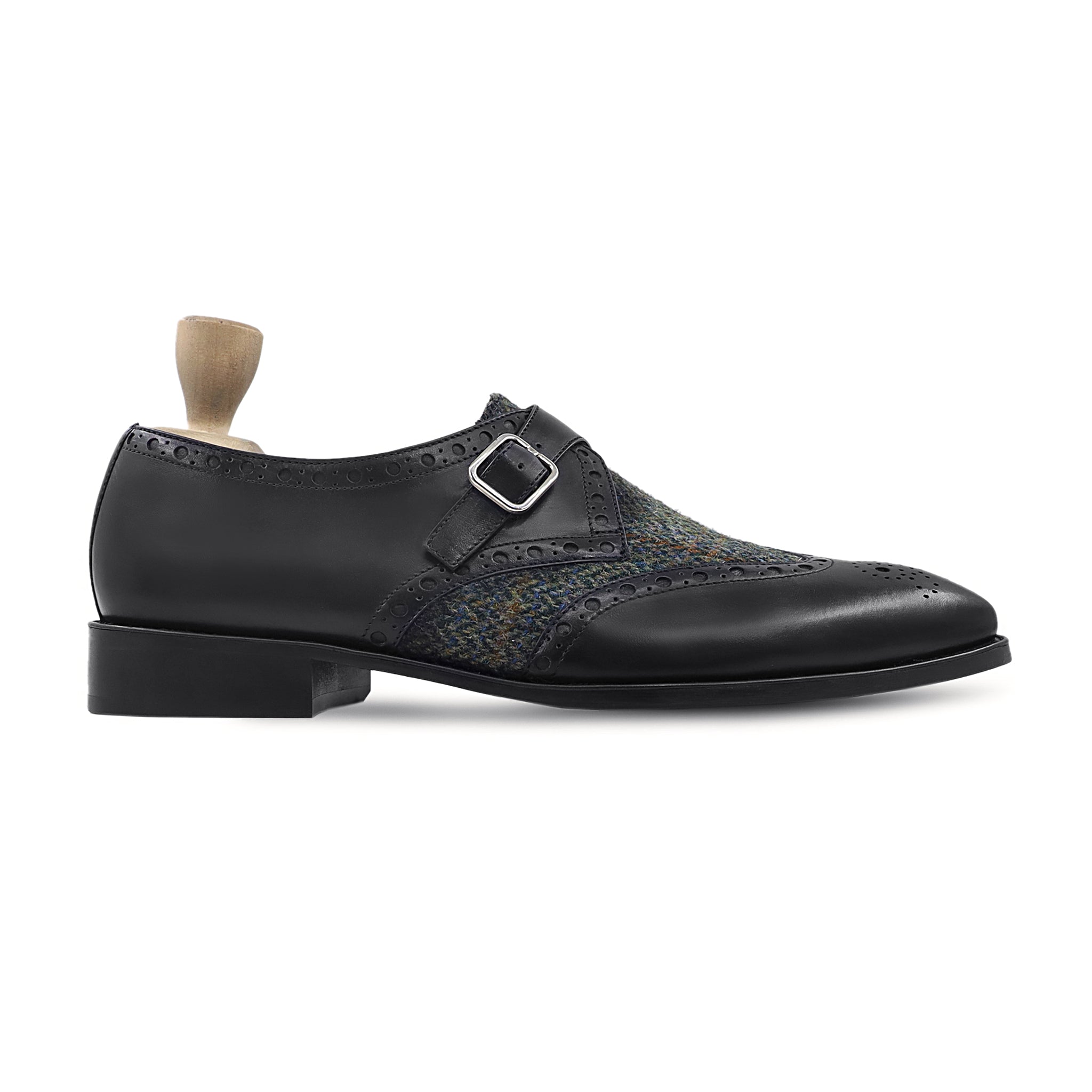 Donae - Men's Black Calf Leather and Harris Tweed Single Monkstrap