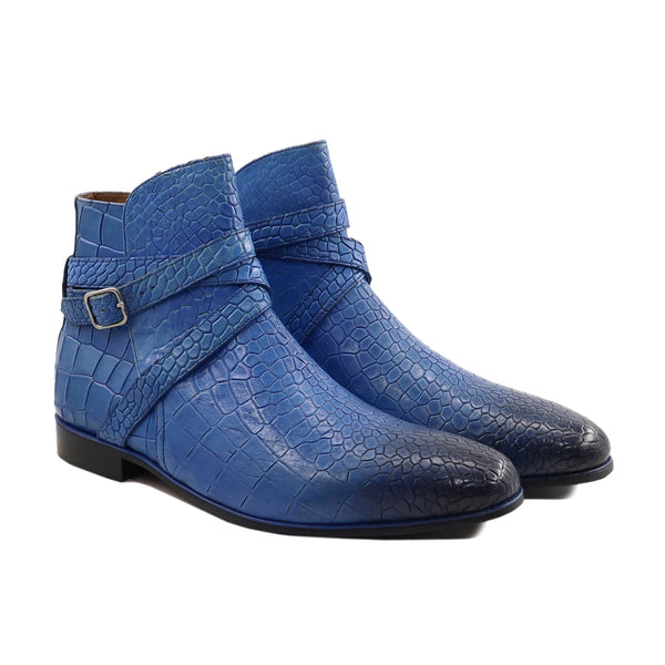 Kongs - Men's Blue Burnished Crocodile Printed Calf Leather Jodhpur Boot