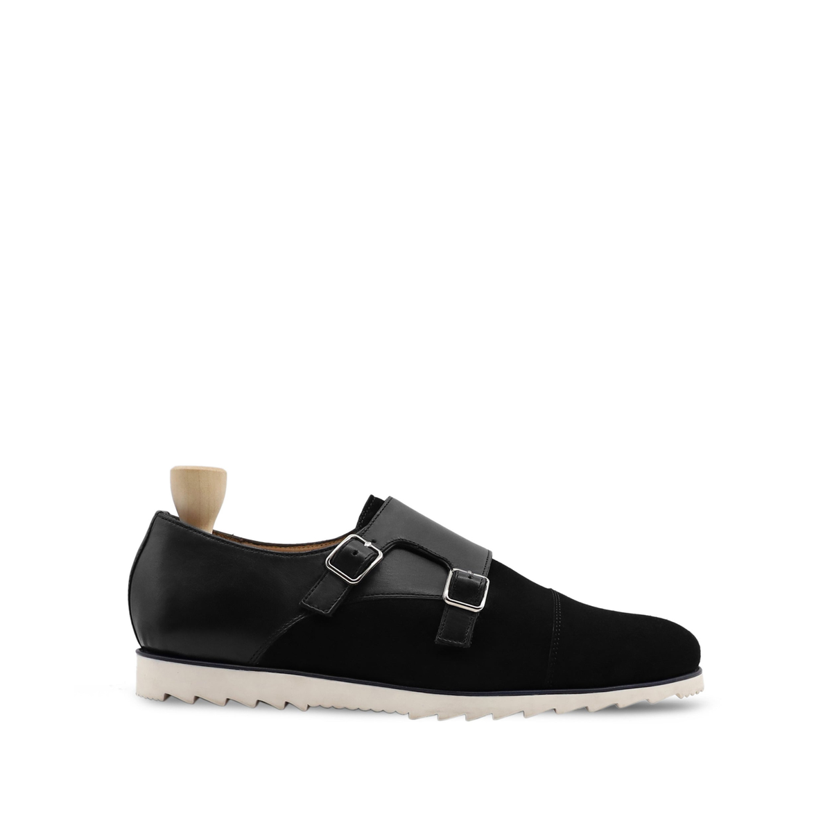 Loki - Men's Black Kid Suede and Calf Leather Double Monkstrap