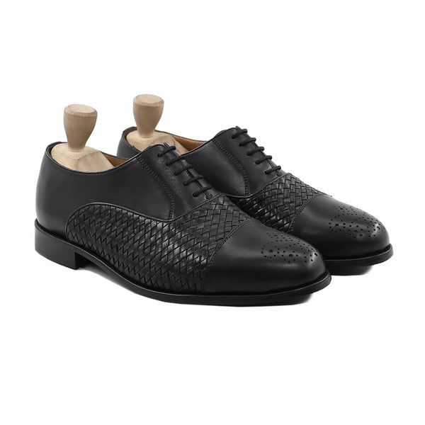 Mareo - Men's Black Calf and Hand Woven Calf Leather Oxford Shoe