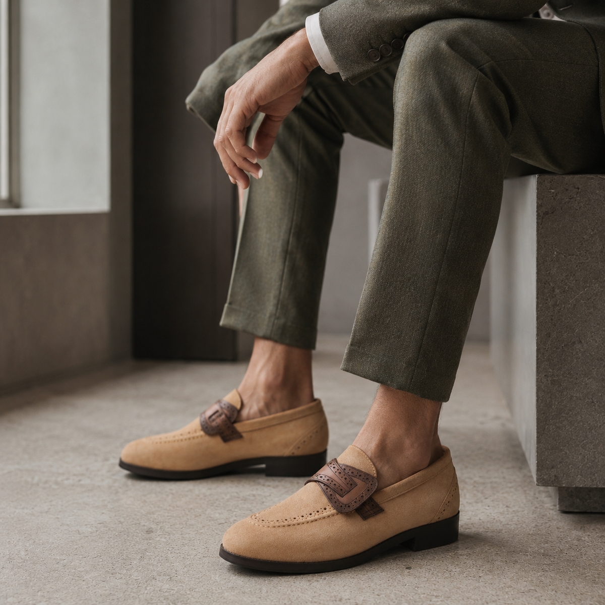 Mitsu - Men's Camel Brown Suede Loafer