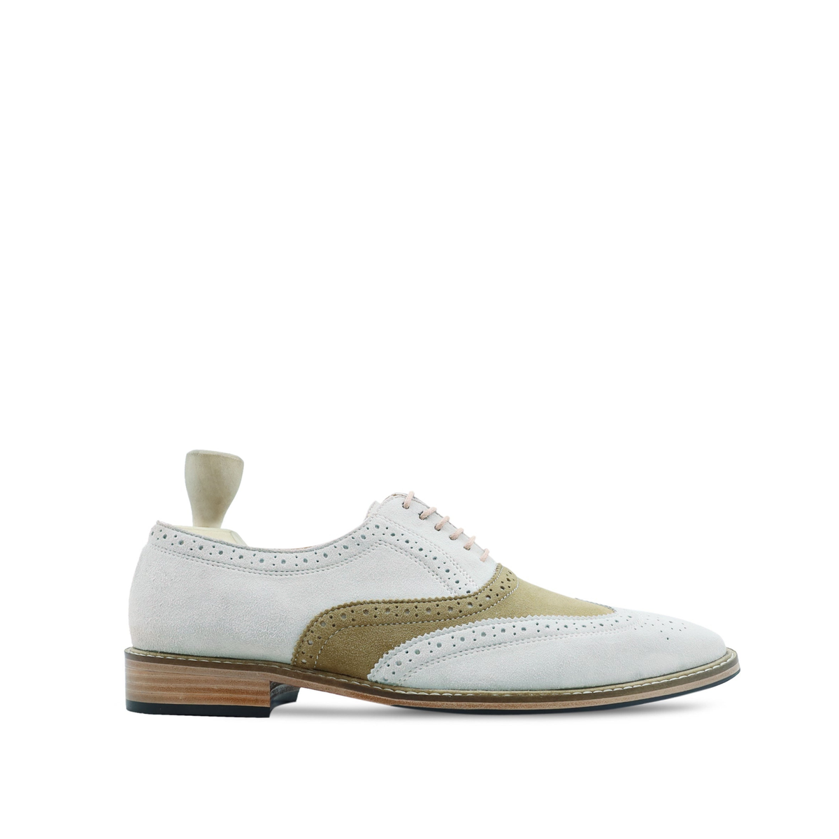 Oxnard - Men's White and Khaki Green Kid Suede Oxford Shoe