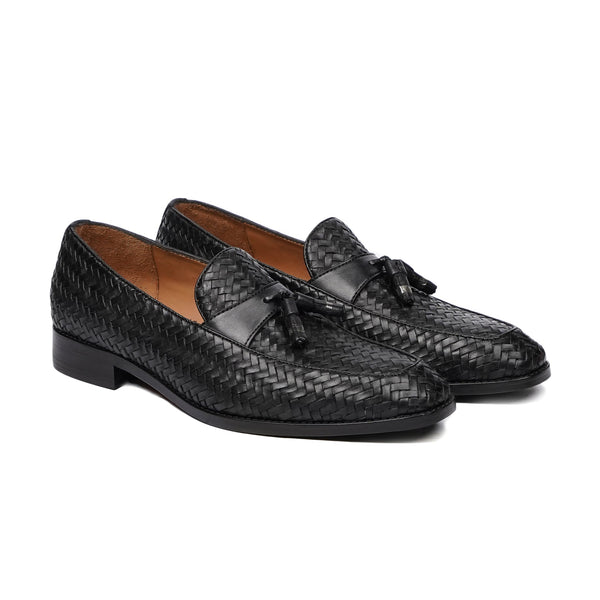 Tishna - Men's Black Hand Woven Calf Leather Loafer