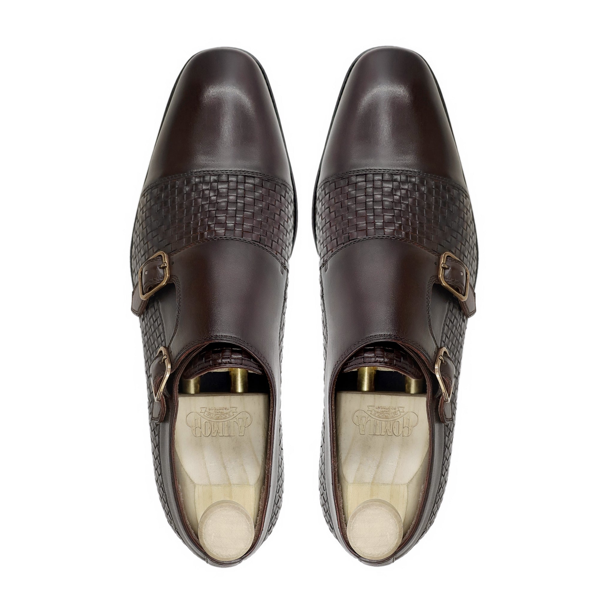 Alingsas - Men's Dark Brown Calf and Hand Woven Calf Leather Double Monkstrap