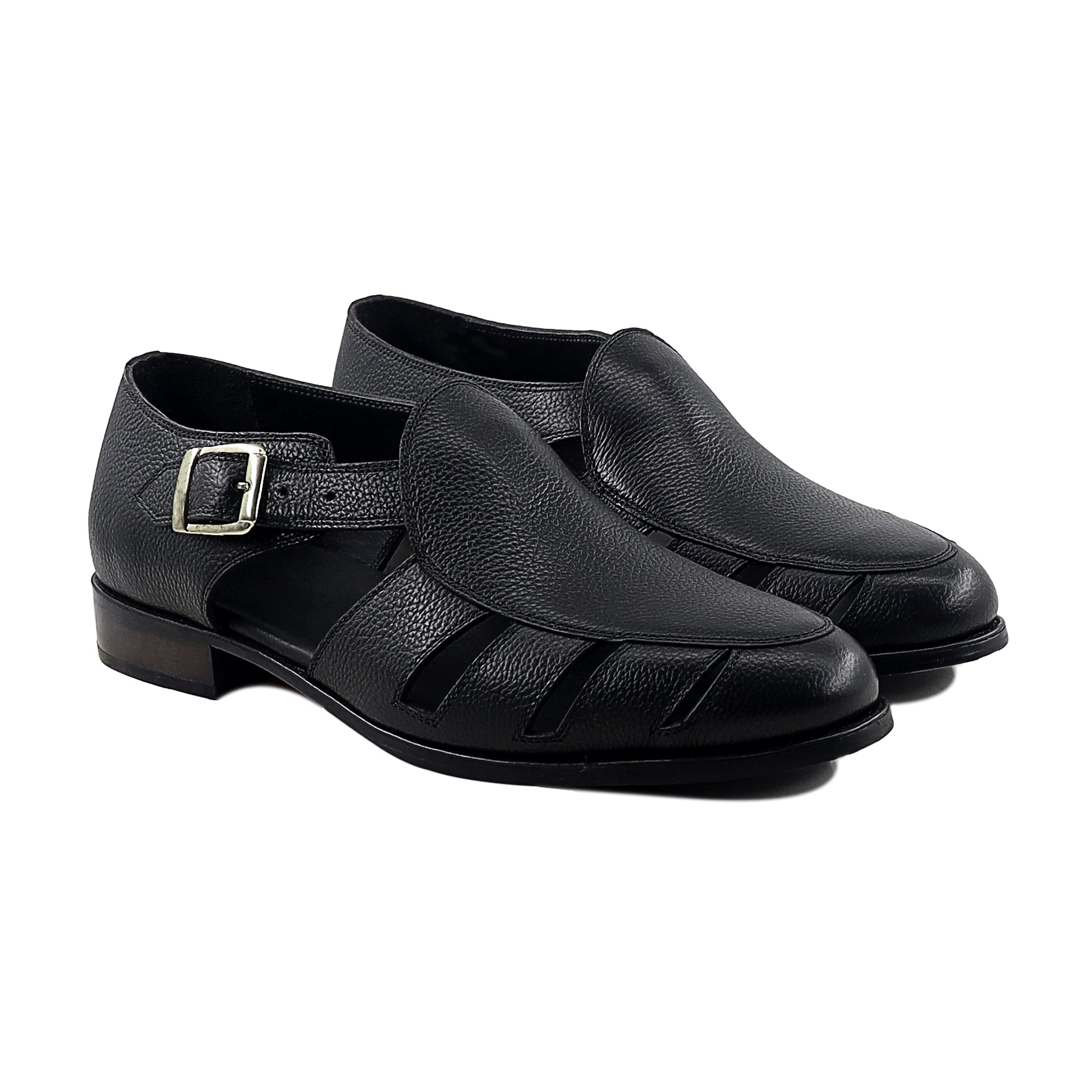 Pedri - Men's Black Pebble Grain Leather Sandal