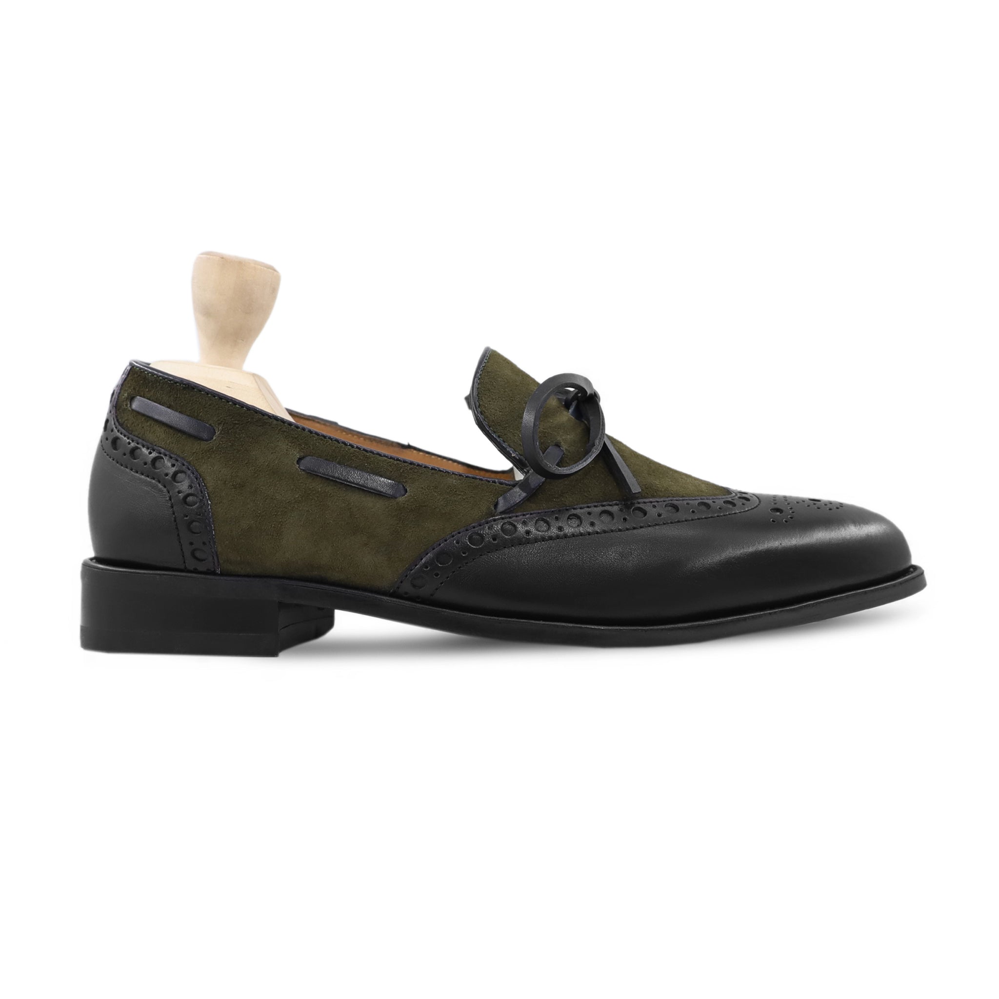 Clotar - Men's Black Calf Leather and Olive Green Kid Suede Loafer