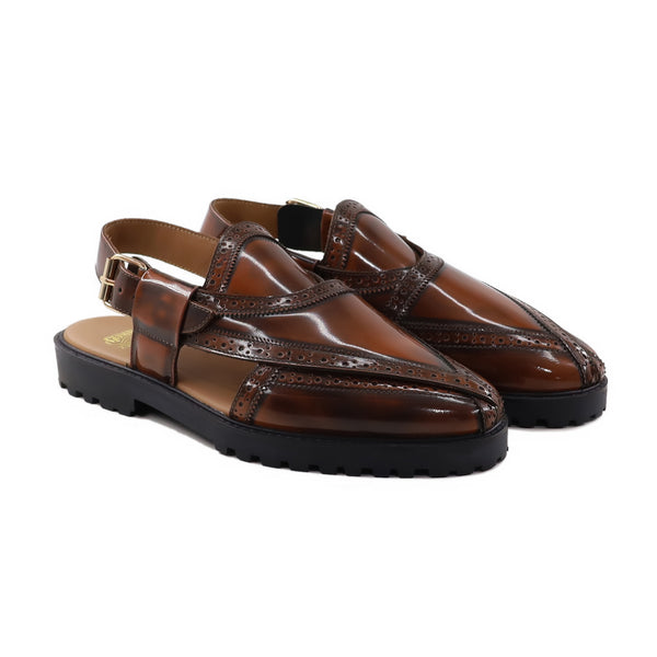Shunpei - Men's Brown Box Leather High Shine Sandal