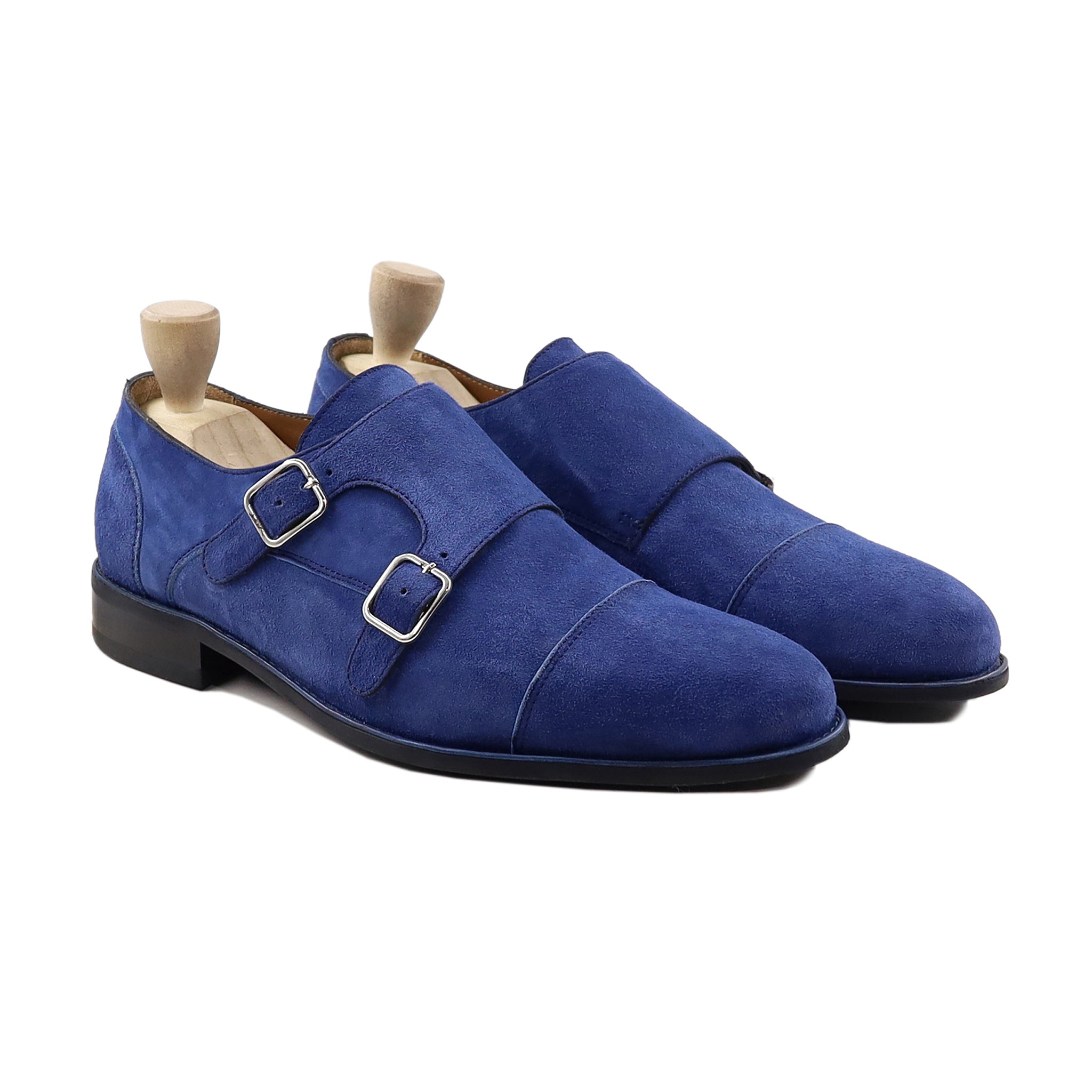 Shisaku - Men's Light Blue Kid Suede Double Monkstrap