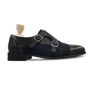 Tomio - Men's Black Calf Leather and Harris Tweed Double Monkstrap