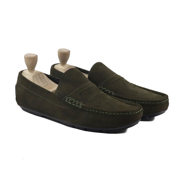 Takeo - Men's Olive Green Kid Suede Driver Shoe