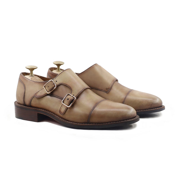 Chiam - Men's Beige Calf Leather Double Monkstrap - Goodyear Welted