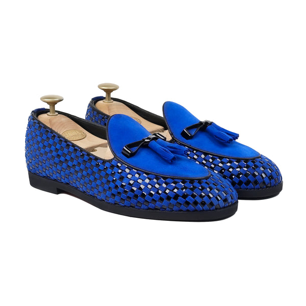 Solevo - Men's Blue Suede and Black Patent Hand Woven  Leather Loafer