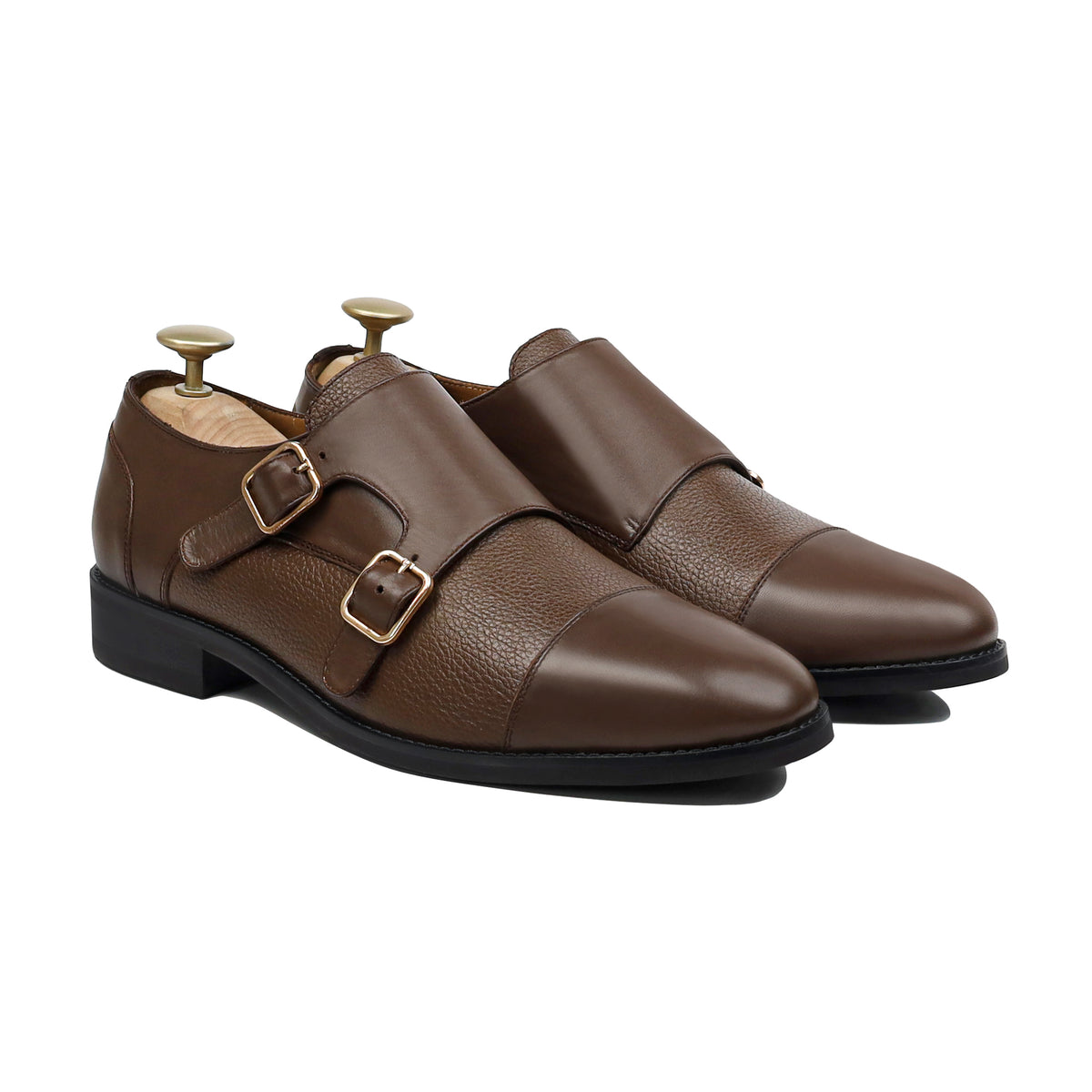 Braxel- Men's Brown Calf Leather and Pebble Grain Double Monkstrap