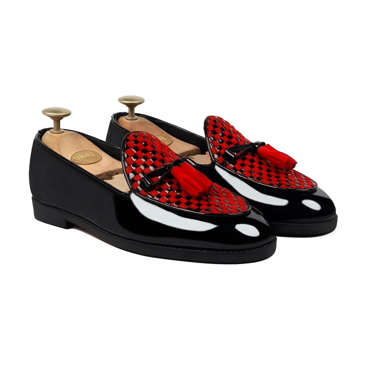 Avero - Men's Black Patent and  Red Suede Hand Woven  Leather Loafer